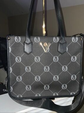 Valentino Orlandi Black Patterned Shoulder Bag with Gold V